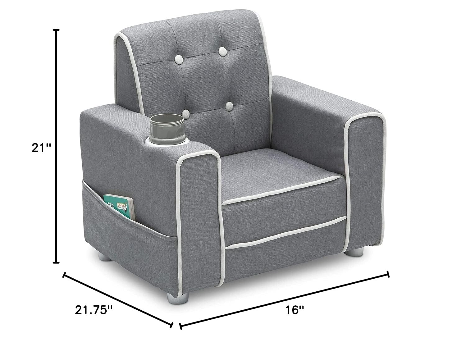 Soft Grey Kids Upholstered Chair with Cup Holder - Durable & Convenient Storage