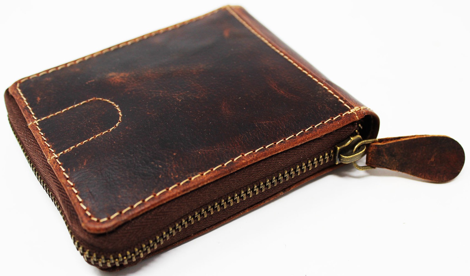 Handcrafted Brown Leather Small Zip Around Bi-Fold Wallet Purse 27AA34BR