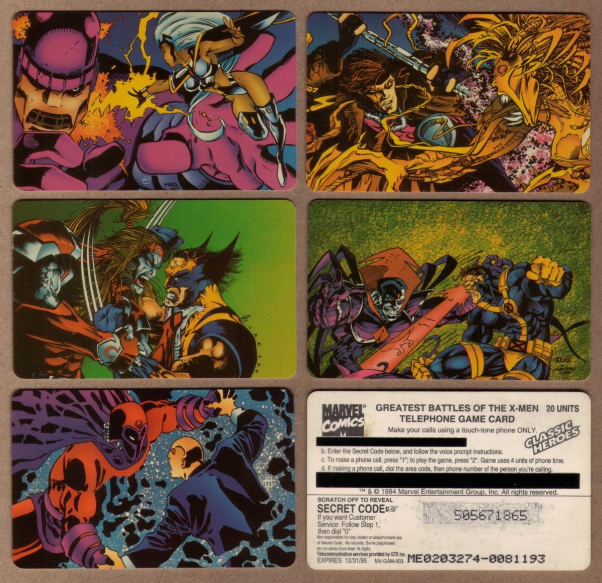 Marvel X-Men Greatest Battles Black Bar Overprint 5 Different USED Phone Card