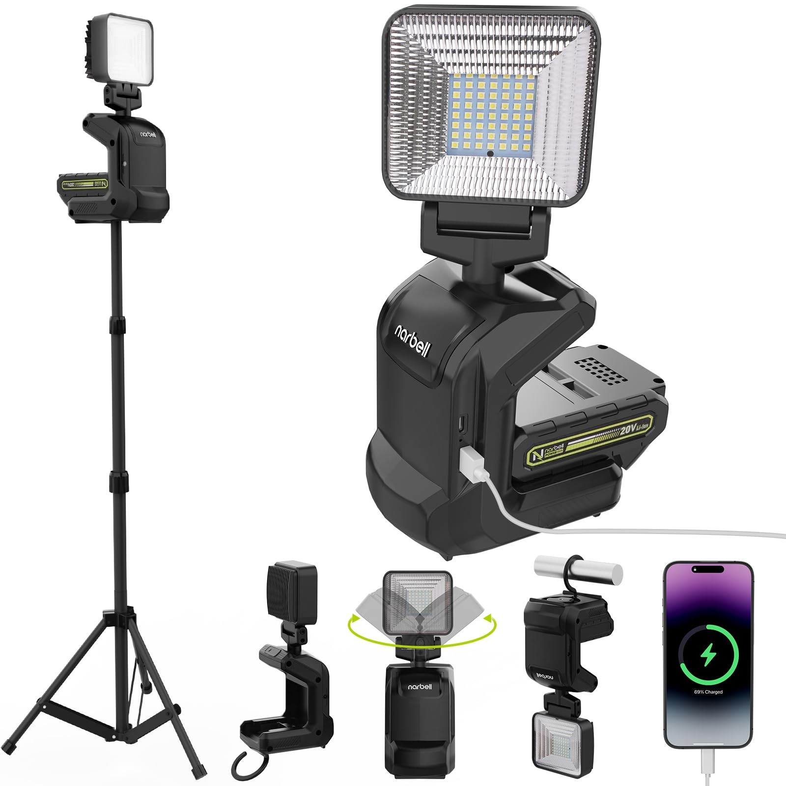Rechargeable LED Work Light on Stand, Portable Work Lights with Telescopic Tr...
