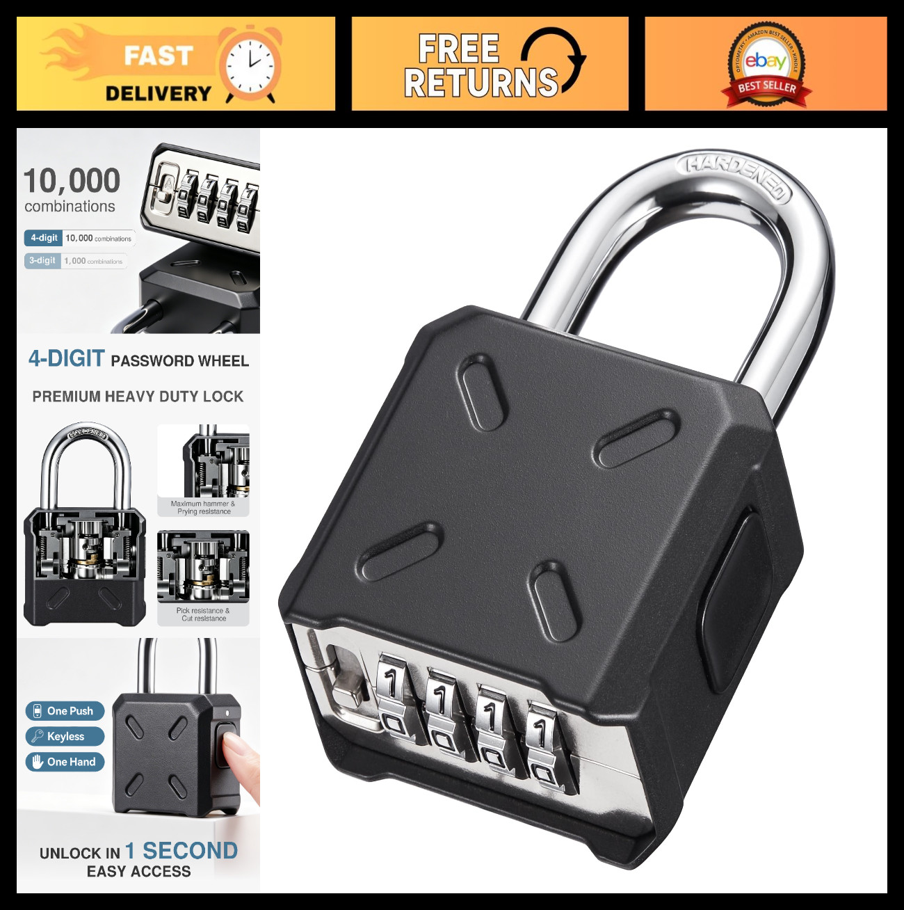 Heavy Duty Outdoor Padlock with Customizable 4-Digit Code, Security Lock for Gat