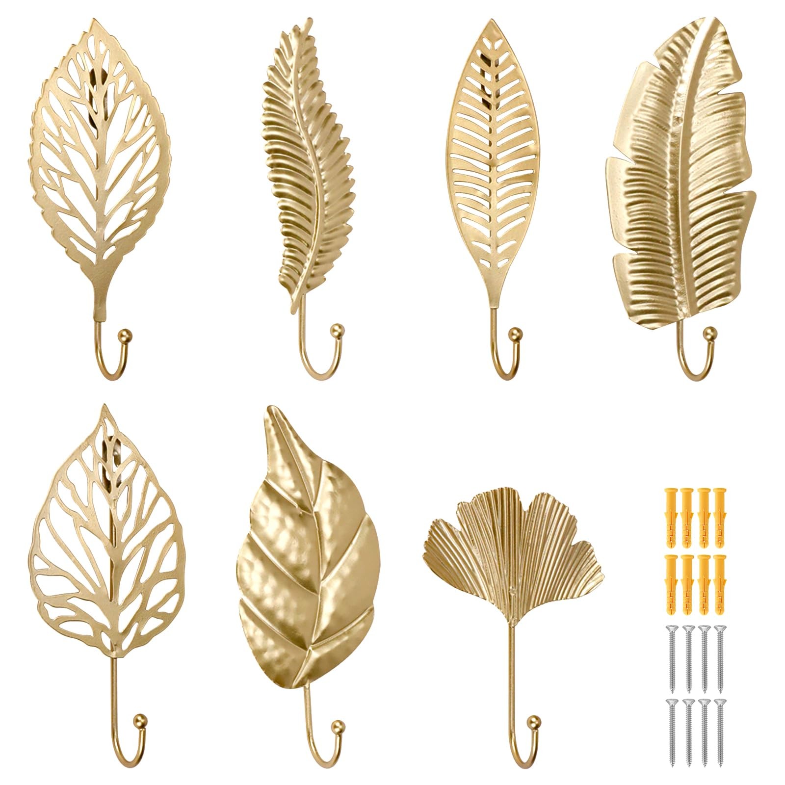 QUMENEY 7 Pcs Decorative Leaves Wall Hooks, Gold Leaf Hanging Hook for Coat T...