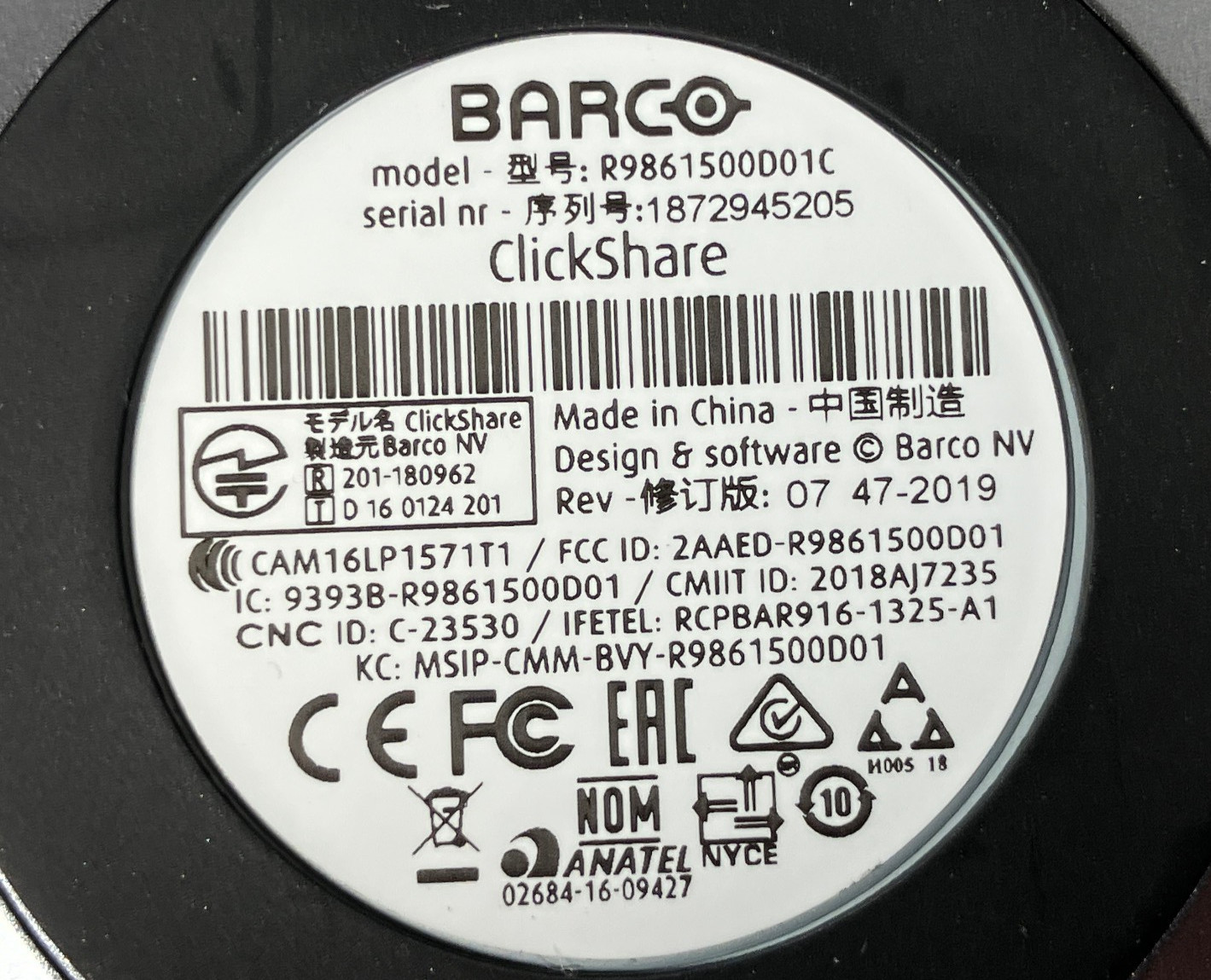 Barco ClickShare USB-C Button R9861500D01C New Open Box