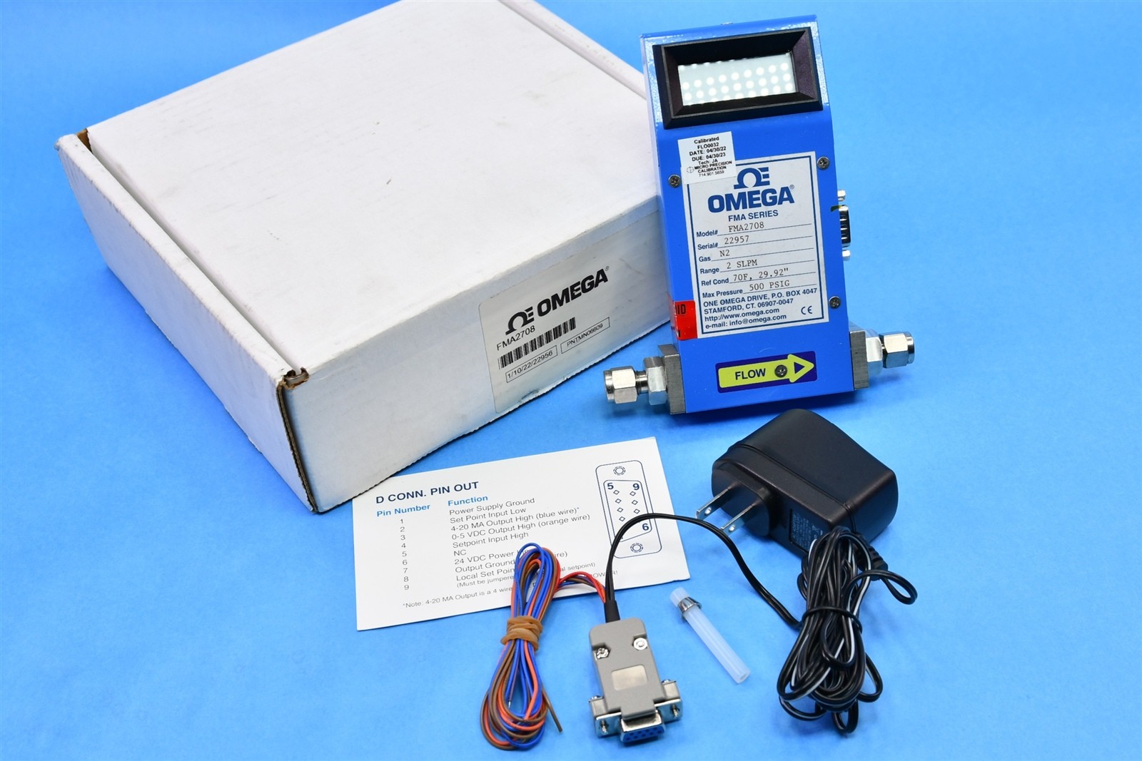 Omega FMA2708 Mass Flow Meter 0.02 to 2 SLM LCD Display 316SS 500 psi FMA Series