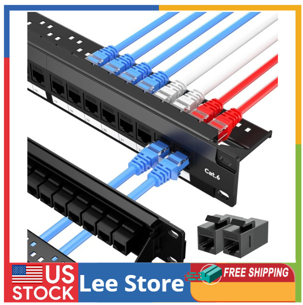 24 Port Cat6 Patch Panel, 10G Pass-Through Keystone RJ45 Coupler, UTP 19-Inch 1U