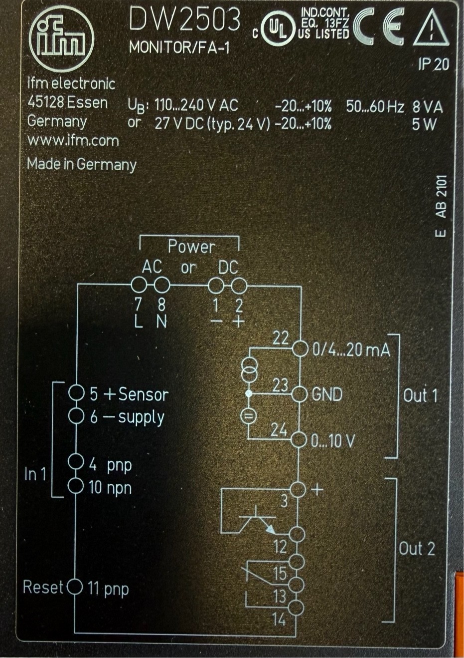 IFM Electronic Programmable Frequency-Current Converter / DW2503 / New Without Original Packaging