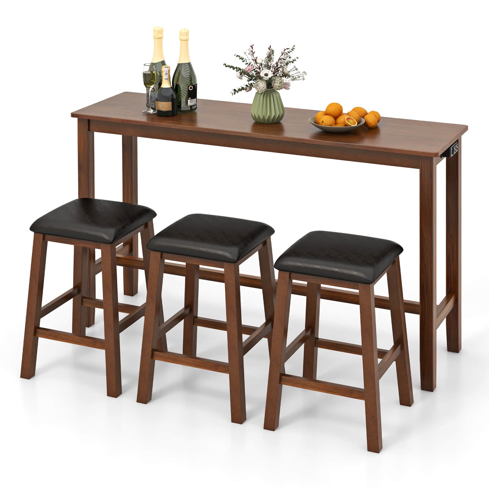 4 PCS Bar Table Set w/ Power Outlet Table & 3 PVC Leather Upholstered Bar Stools
