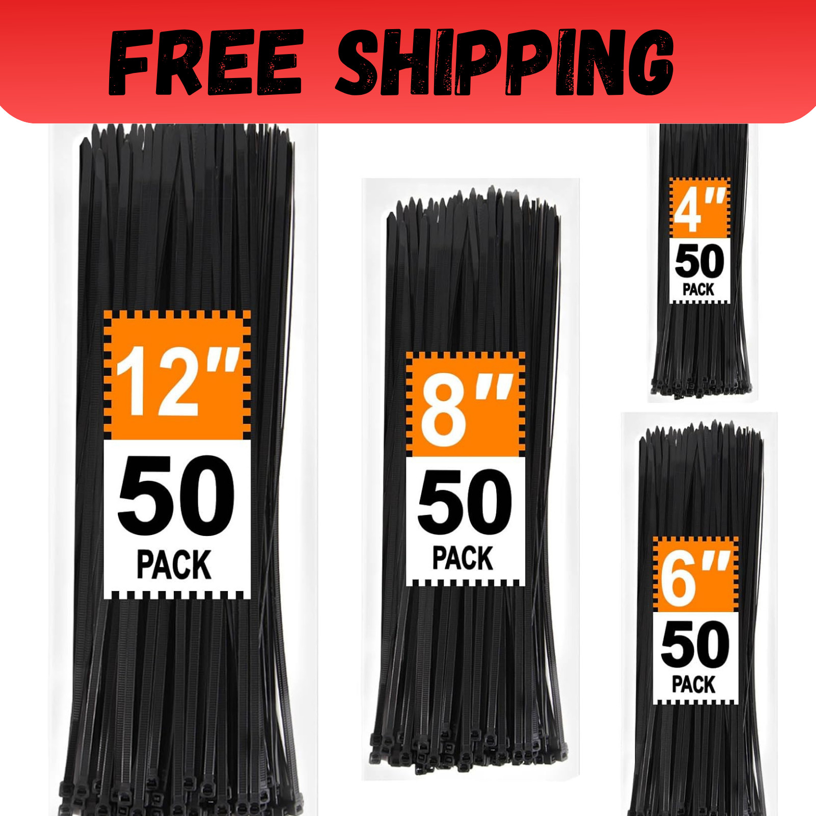 Zip Ties Assorted Sizes 4+6+8+12 Inch, 200 Pack, Black Cable Ties, UV Resistant