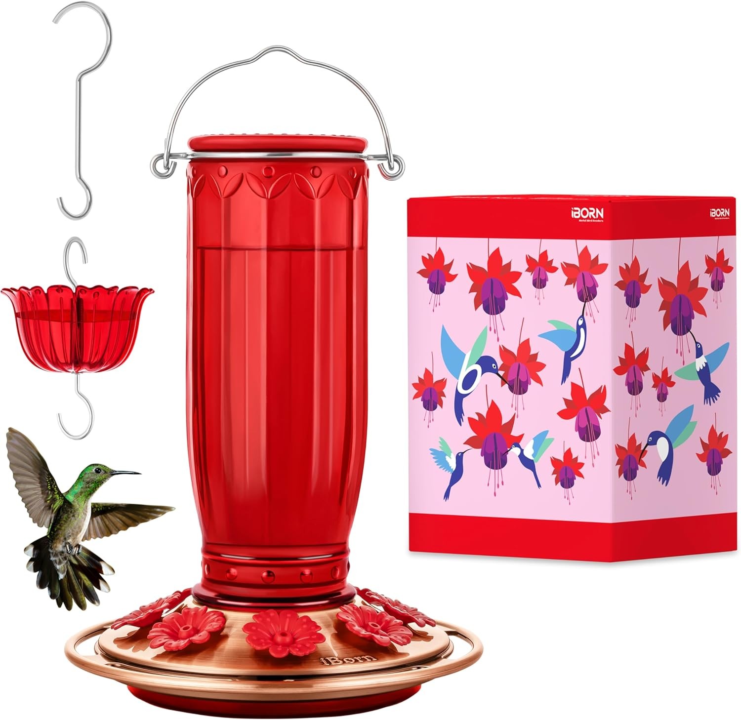 iBorn Glass 8 Feeding Ports Pack of 1, Red Glass+Copper Base+Red Flower