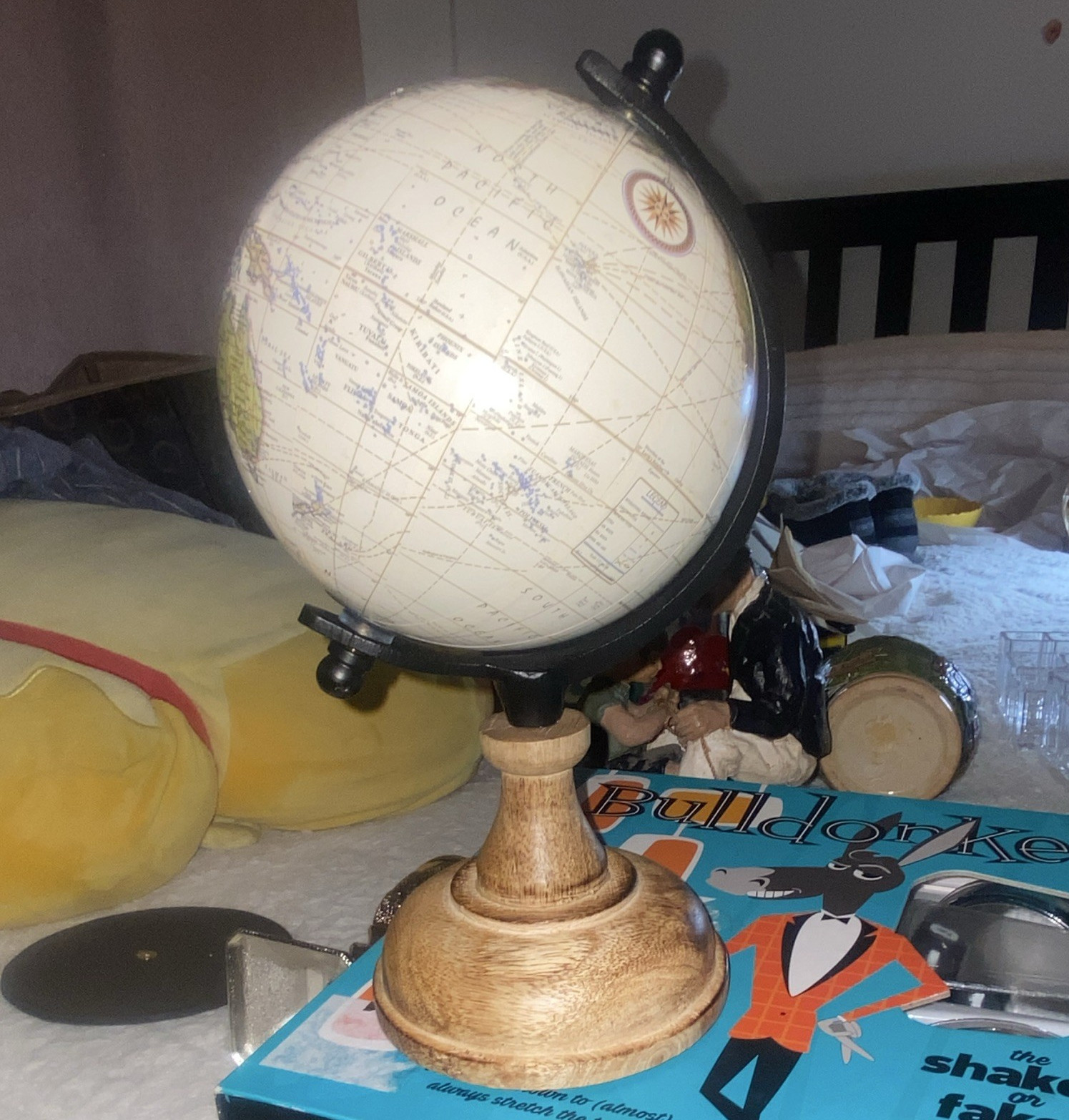 Rotating Tabletop World Globe Decorative Wood Base, Black Metal Meridian