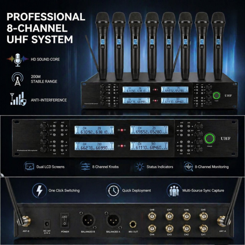 Professional 8-channel UHF wireless handheld microphone system