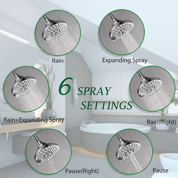 High Pressure Rain Shower Head Adjustable Fixed 5”6 Spray Settings For Bathroom