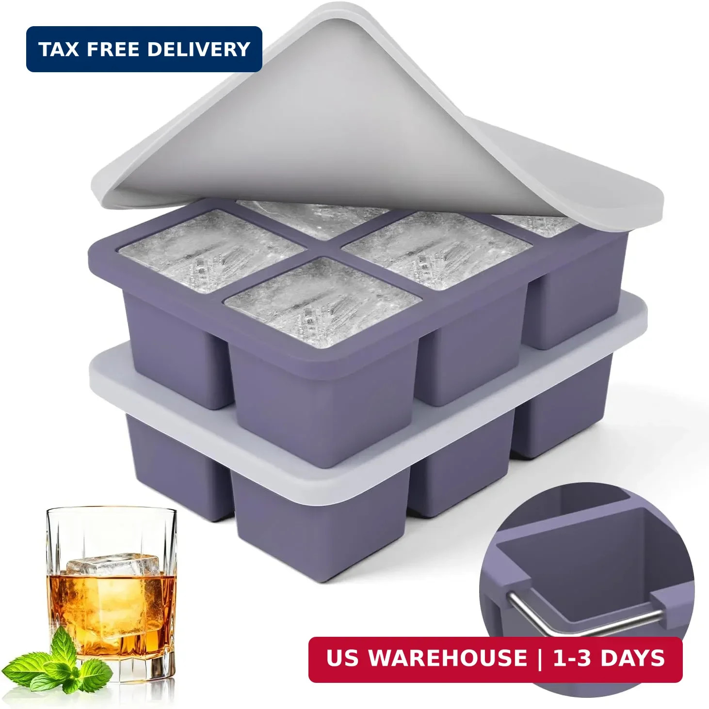 Large Silicone Ice Cube Trays with Lids, 2 Pack, Makes 2-Inch Cubes | Ea