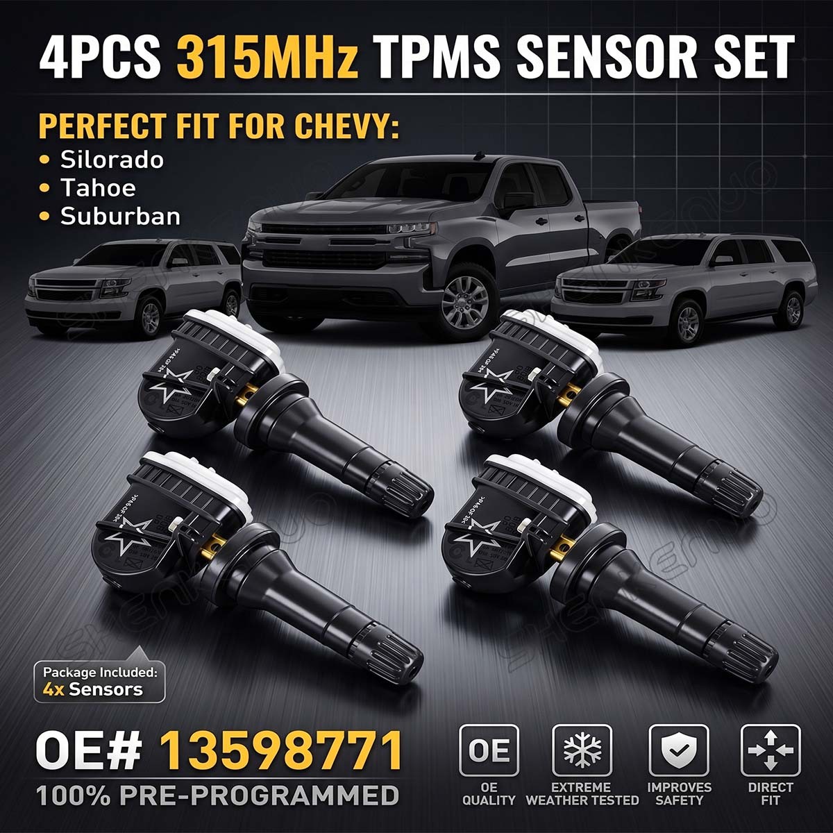 4x 315MHz TPMS Sensor for Chevy Silverado Tahoe Suburban 13598771