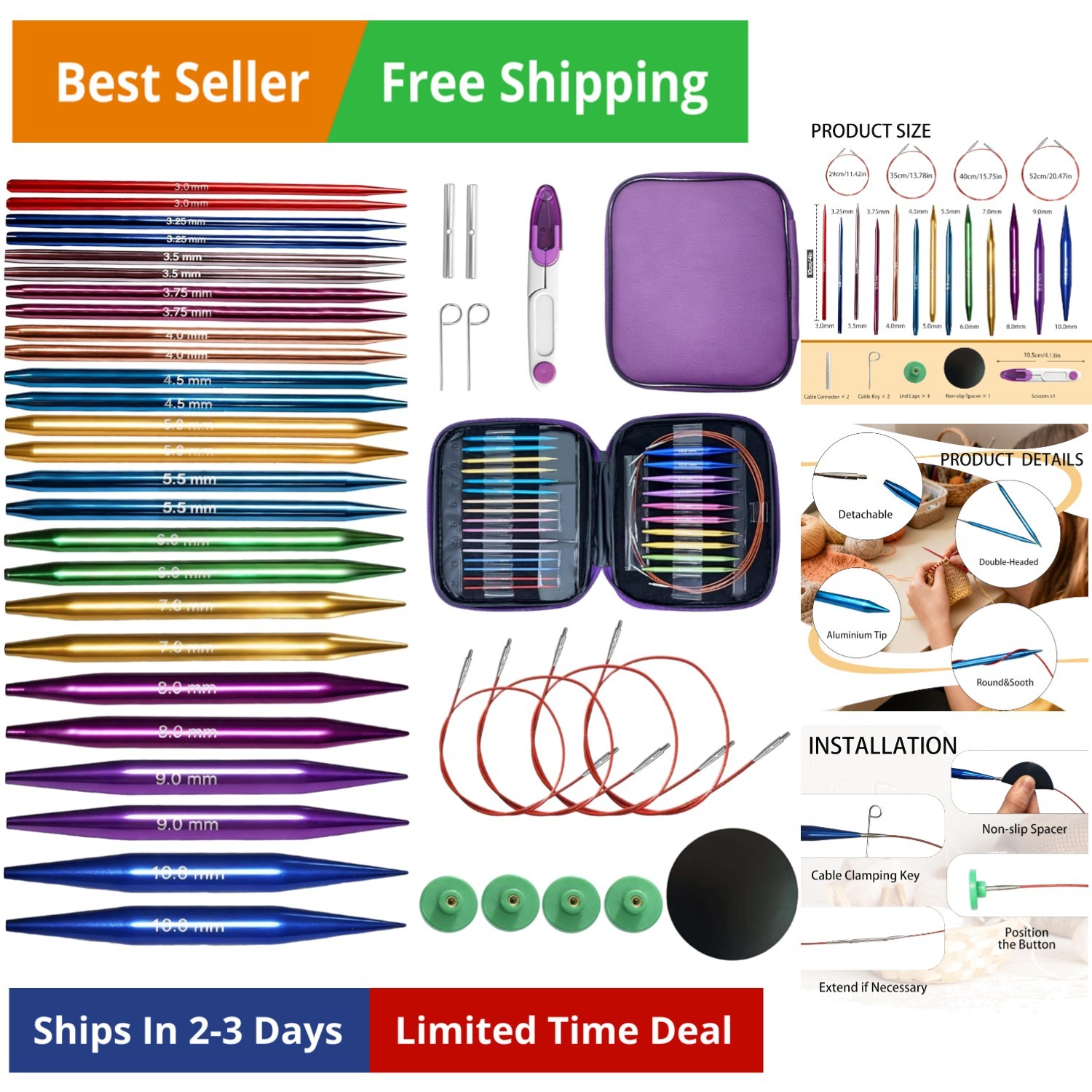 13 Pairs Circular Knitting Needles Set, 4 Inch Aluminum Interchangeable Knitt...