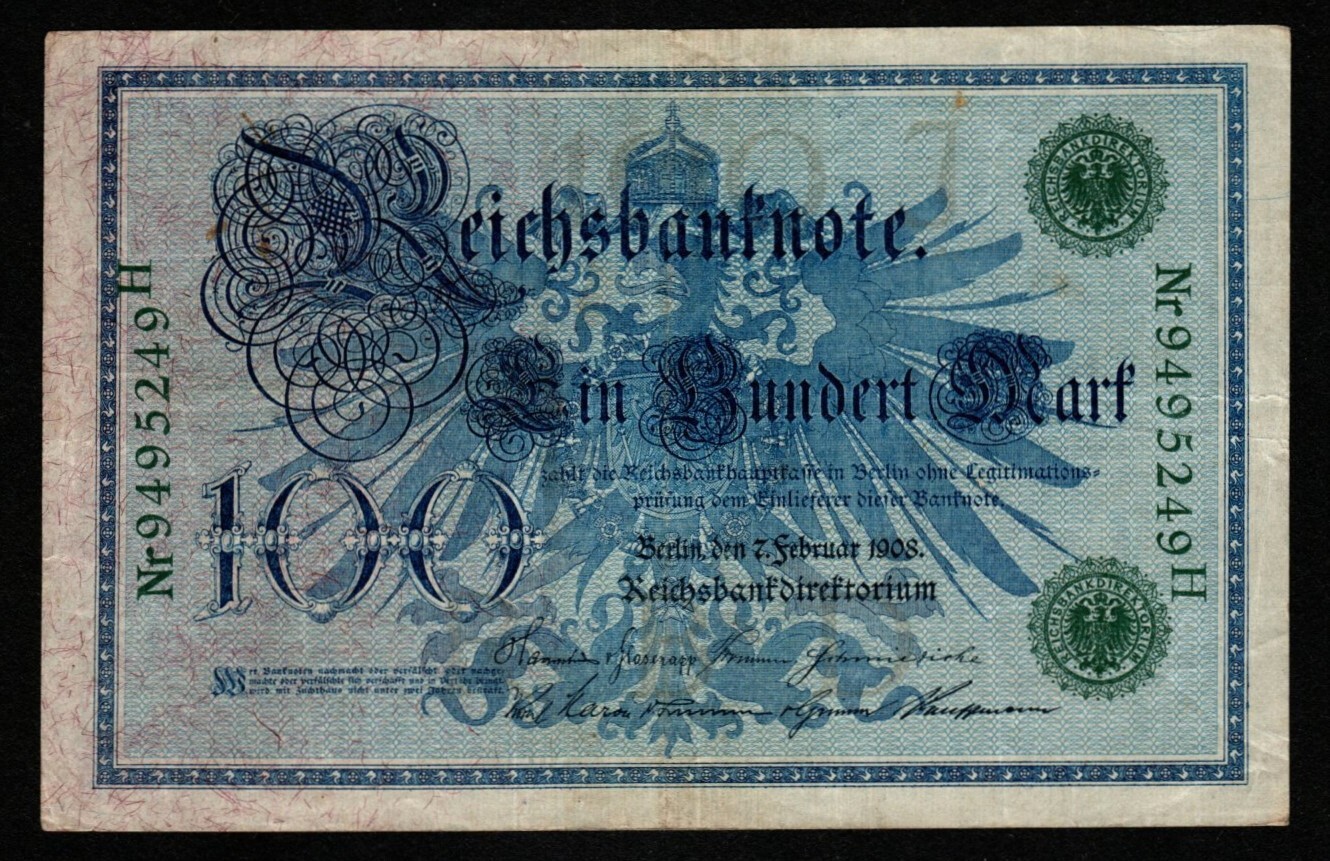 1908 GERMANY 100 MARK BANKNOTE - GREEN SEAL LARGE NOTE - CIRCULATED