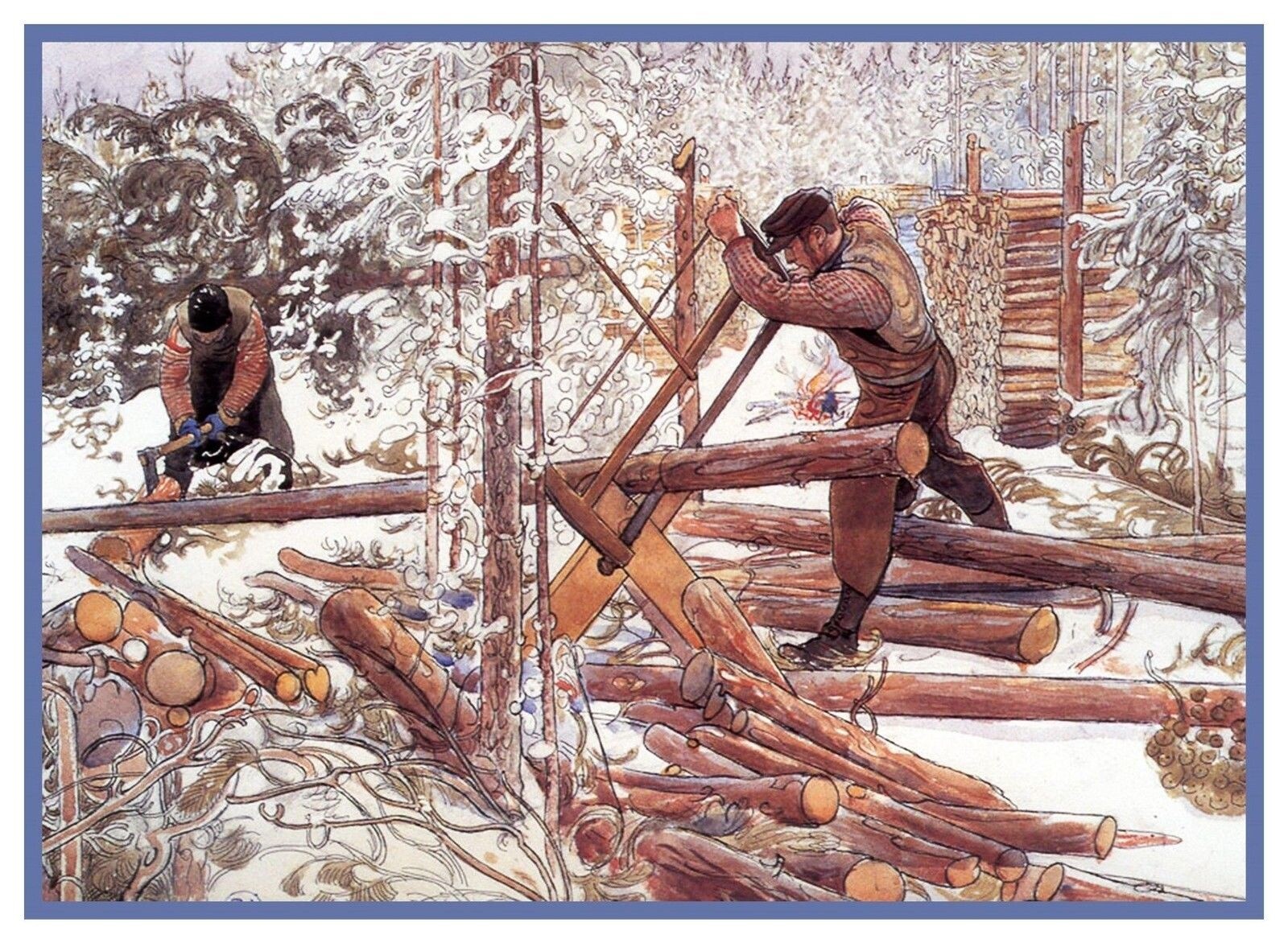 Carl Larsson Woodcutters in Forest Counted Cross Stitch Chart Pattern