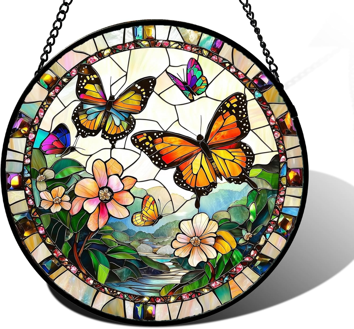 Stained Glass Window Hanging, Butterflies Flying in the Sky Suncatcher for Doors