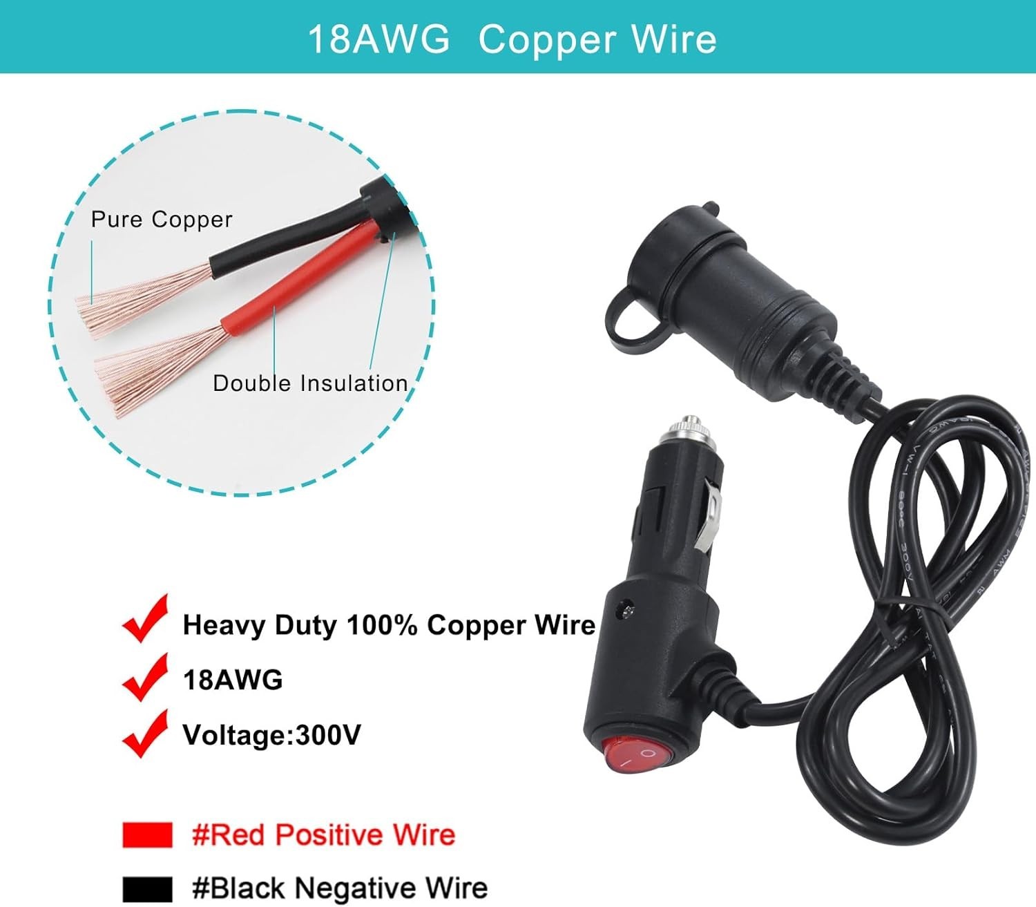 Car Cigarette Lighter Extension Cord 3FT with Safety Switch & LED Power Light