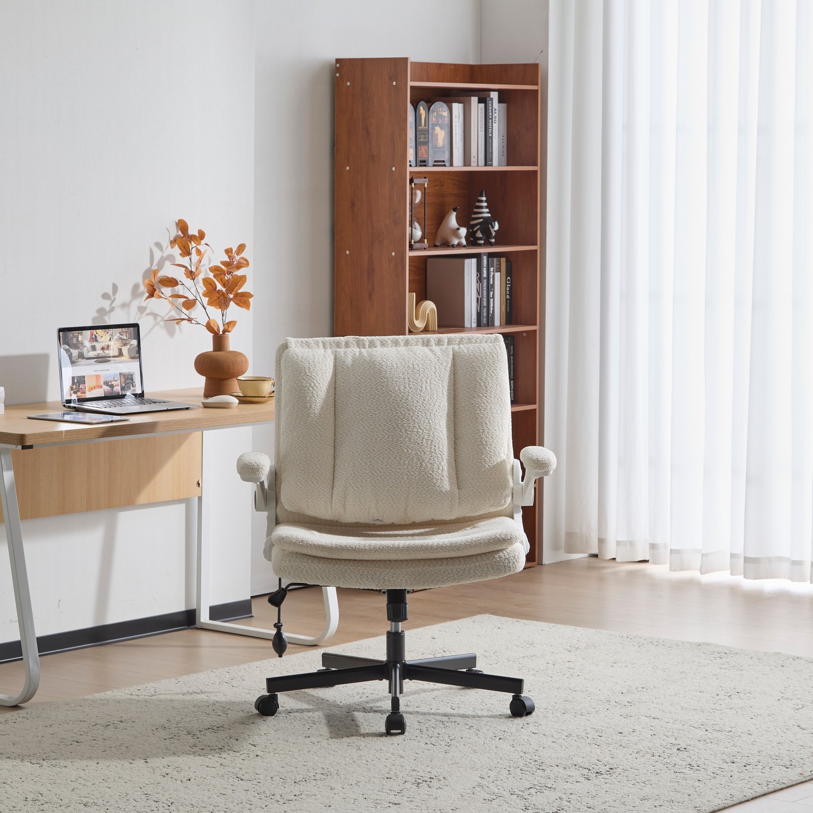 Wide Seat Cross Legged Office Chair Airbag Lumbar Support Flip-Up Back Beige