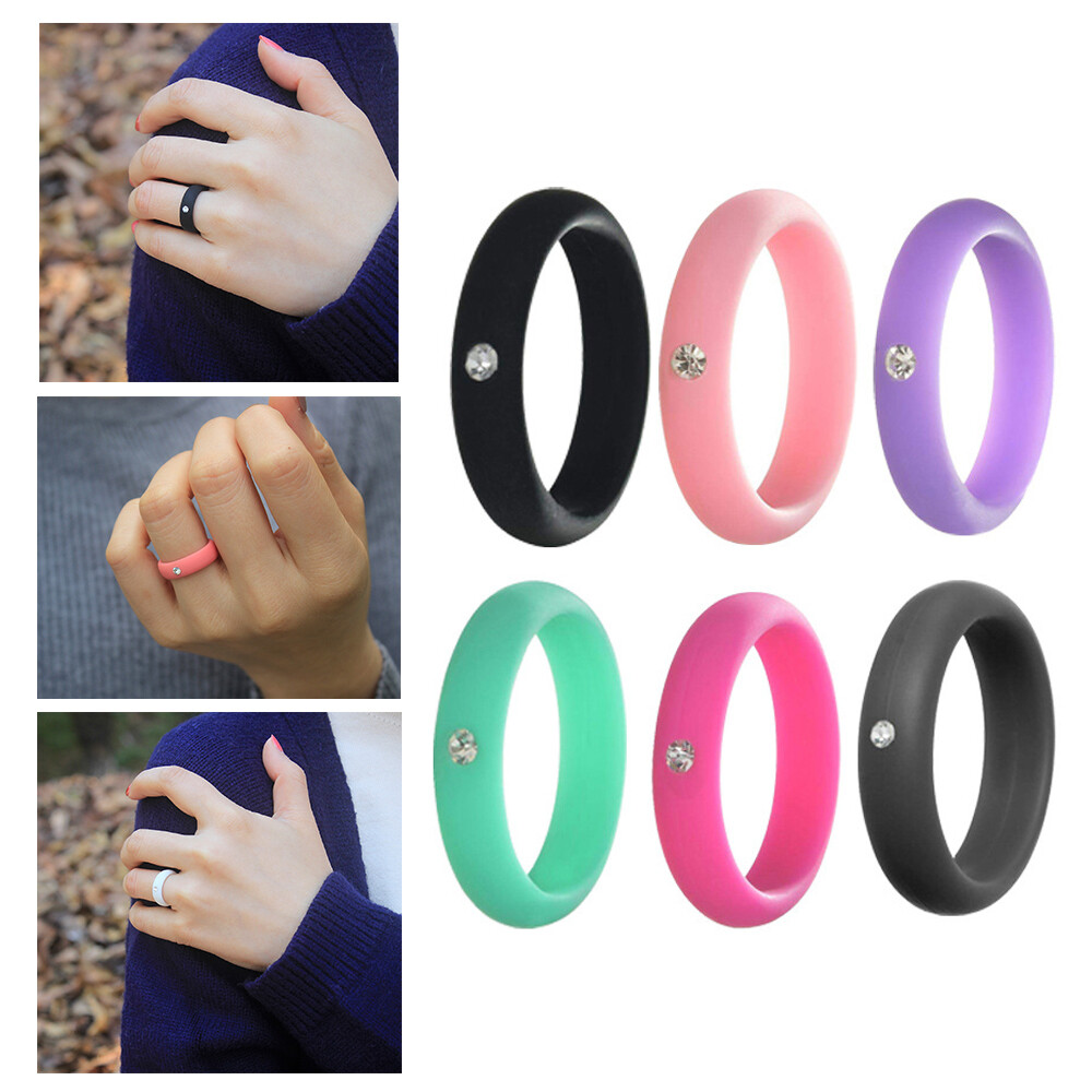 Women Rhinestone Rings Rubber Ring Band 5mm Silicone Ring Finger Rings US ⇖