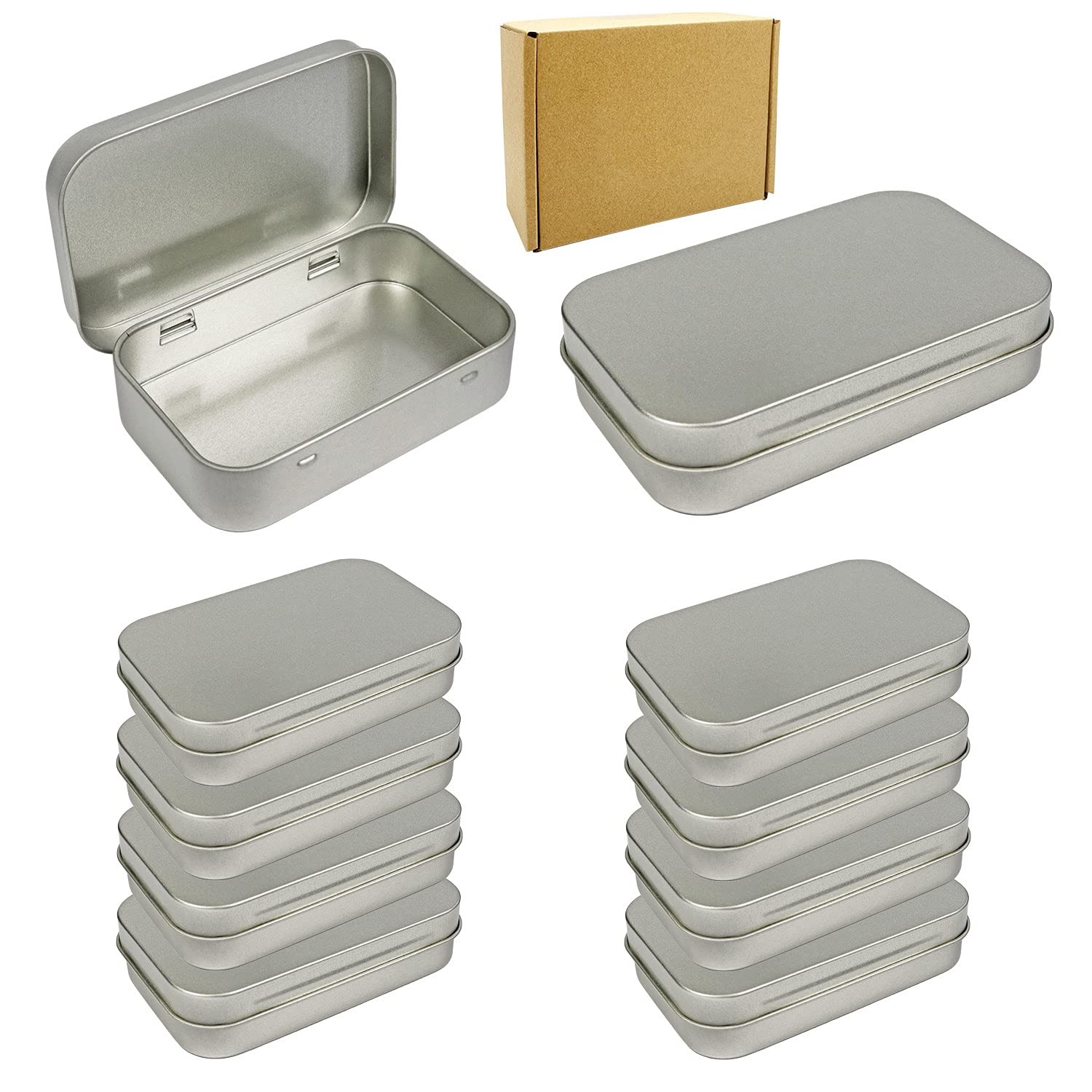 Silver Metal Rectangular Empty Hinged Tin Box 3.75x2.45x0.8 Inch 10 PCS