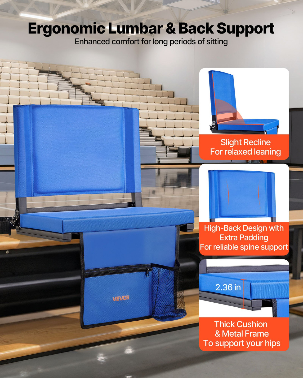 VEVOR Stadium Seat w/ Back Support, Folding Bleacher Chair, Cup Holder