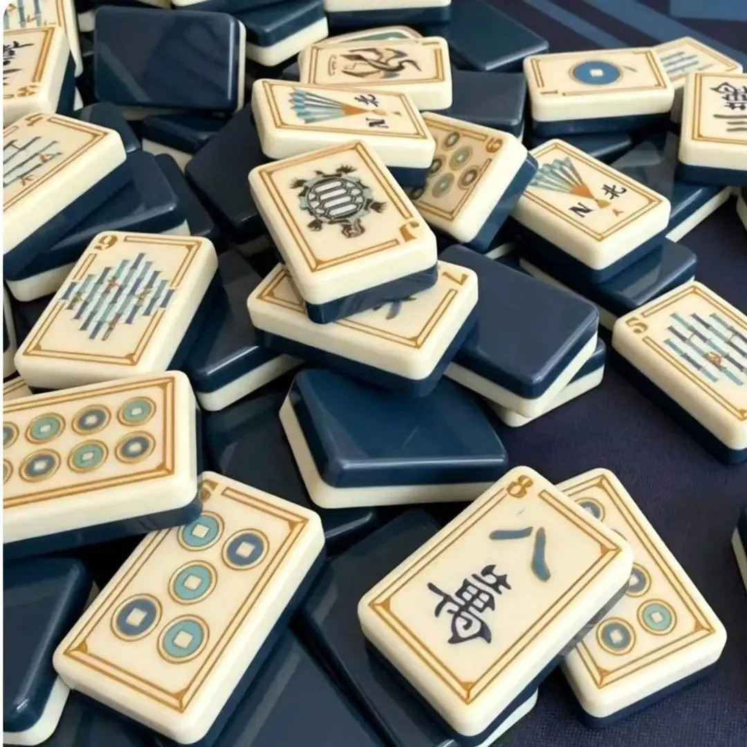 Luxury 166 Tile American Mahjong Set Sunday Blue Gold Border NMJL Jokers