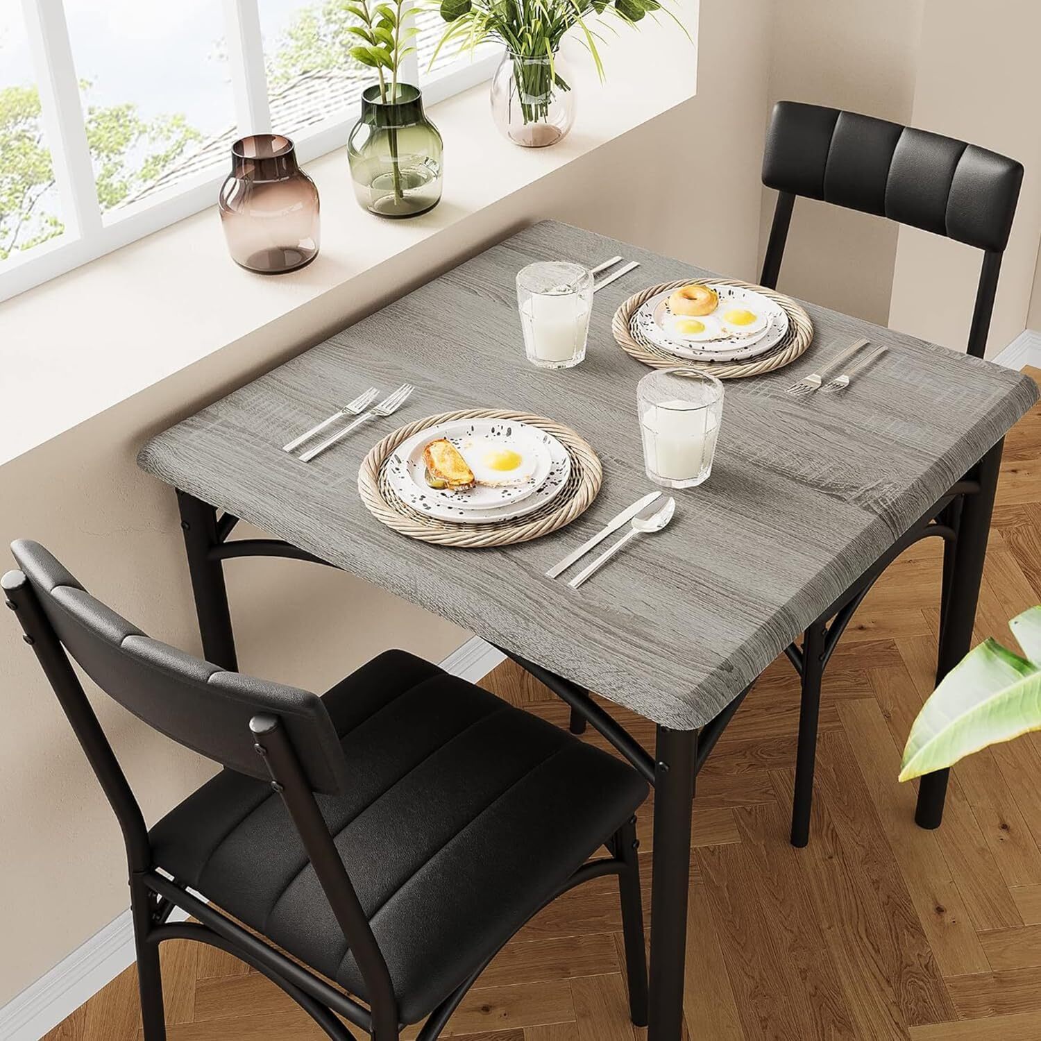 Modern Square 3Pcs Dining Set for 2 w/Upholstered Chairs, Compact, Easy Assembly