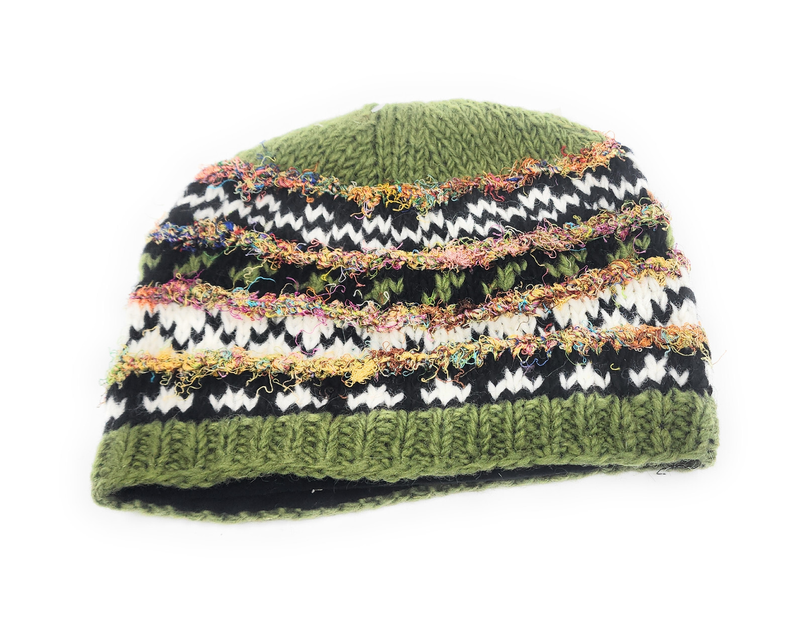 Hand Knit Wool & Recycled Silk Beanie Hat Fleece Lined Made in Nepal