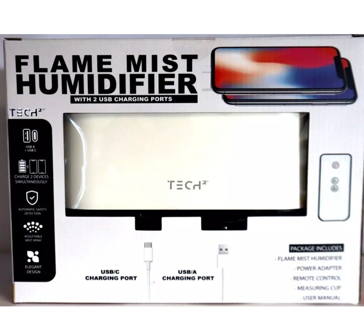 Tech2 Flame Mist Humidifier with 2 USB Charging Ports