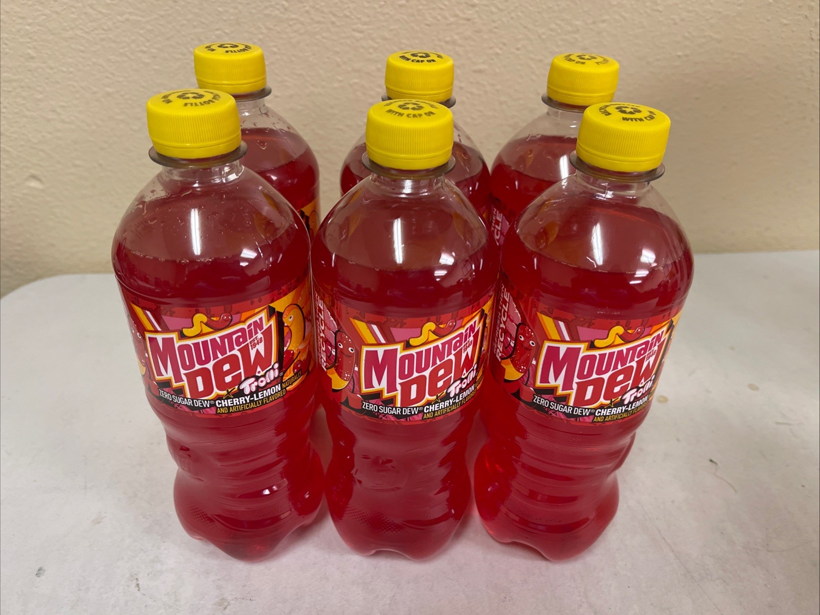 Lot Of (6) Trolli Gummy Worm Mountain Dew 20oz Zero Sugar Bottles