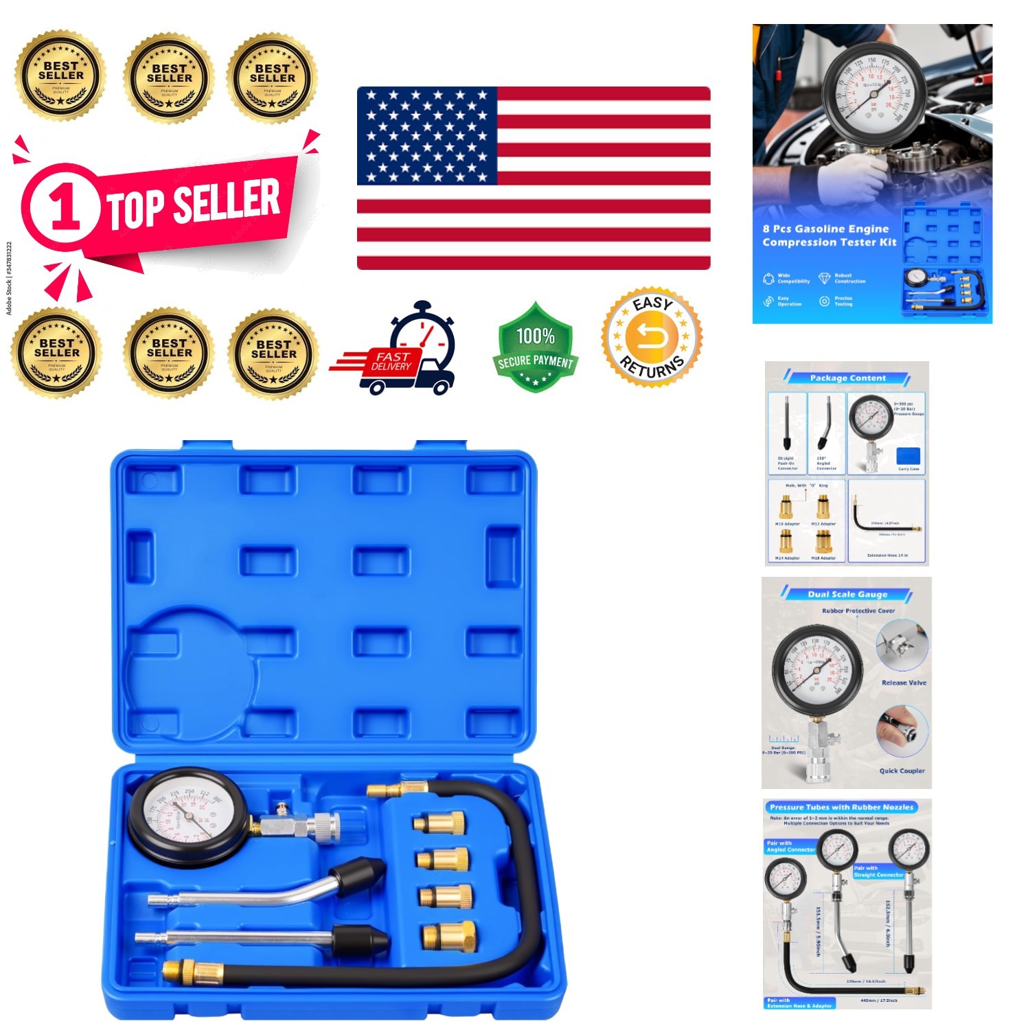 Professional Engine Compression Tester Set - Quick Check Rubber Cones Included