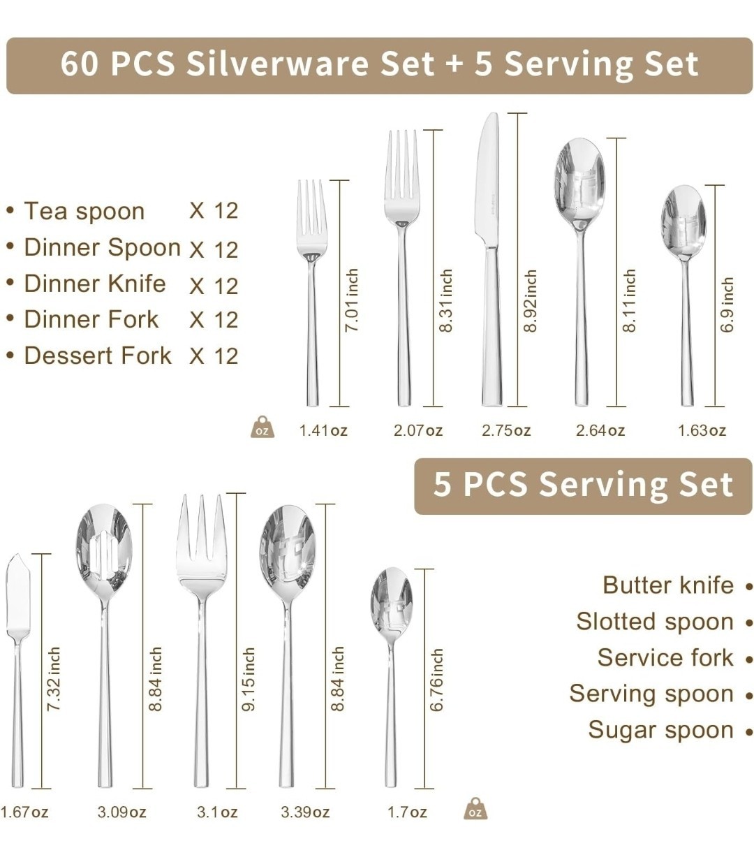 KINGSTONE Silverware Set with Serving Utensils, 65-Piece Forged Flatware Set