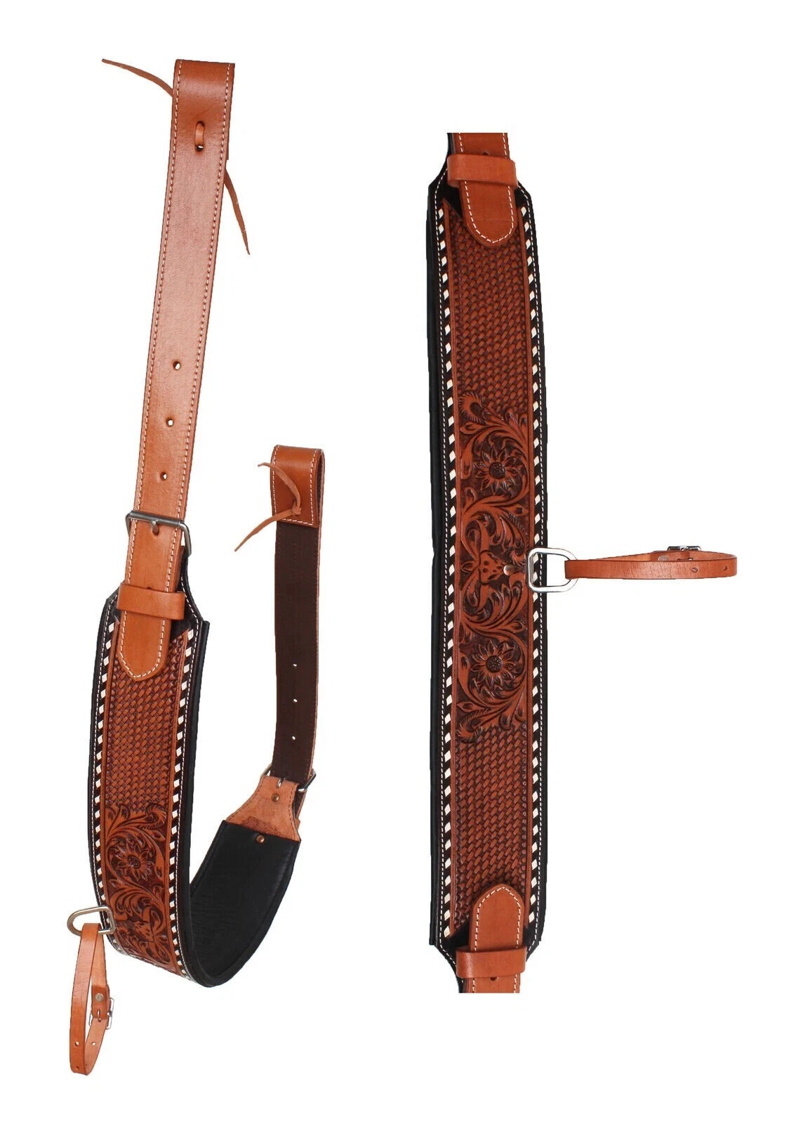 Premium Western Rear Cinch Latigo Leather, Waffle Tooled, Hand Carved.