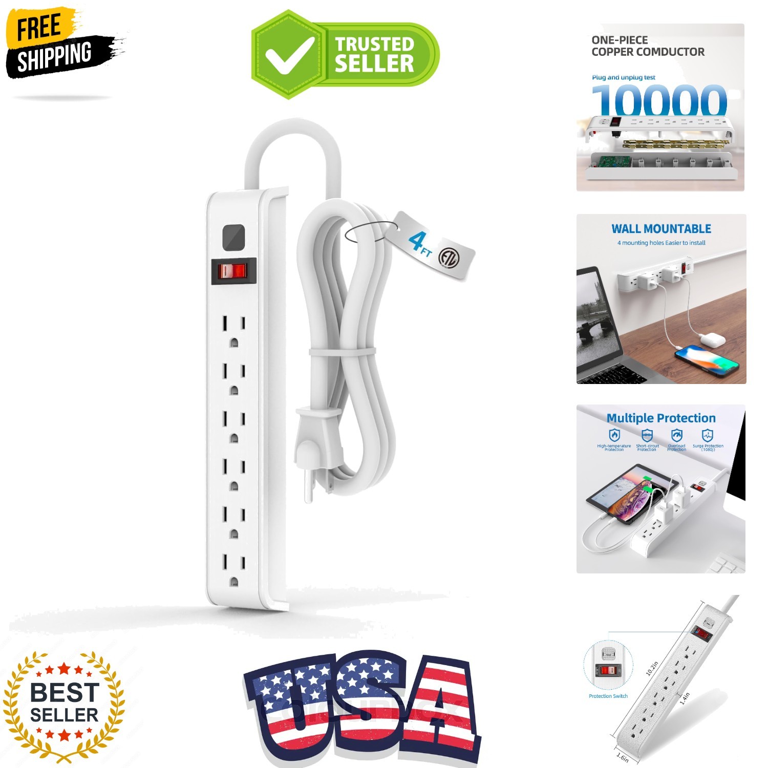 Surge Protector Power Strip, 4 Feet Extension Cord, 600 Joules Surge Protecti...
