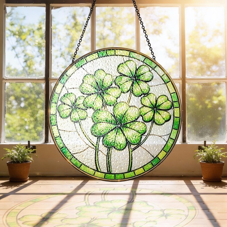 Shamrock Stained Glass Suncatcher Lucky Irish St Patricks Day Window Decor Gift