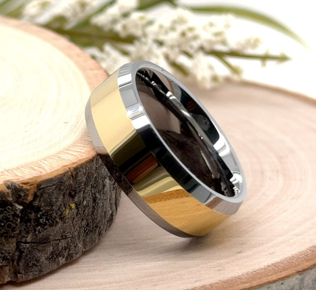 8mm Gold & Silver Tungsten Ring Unisex Beveled Edges Band For Christmas Gifts