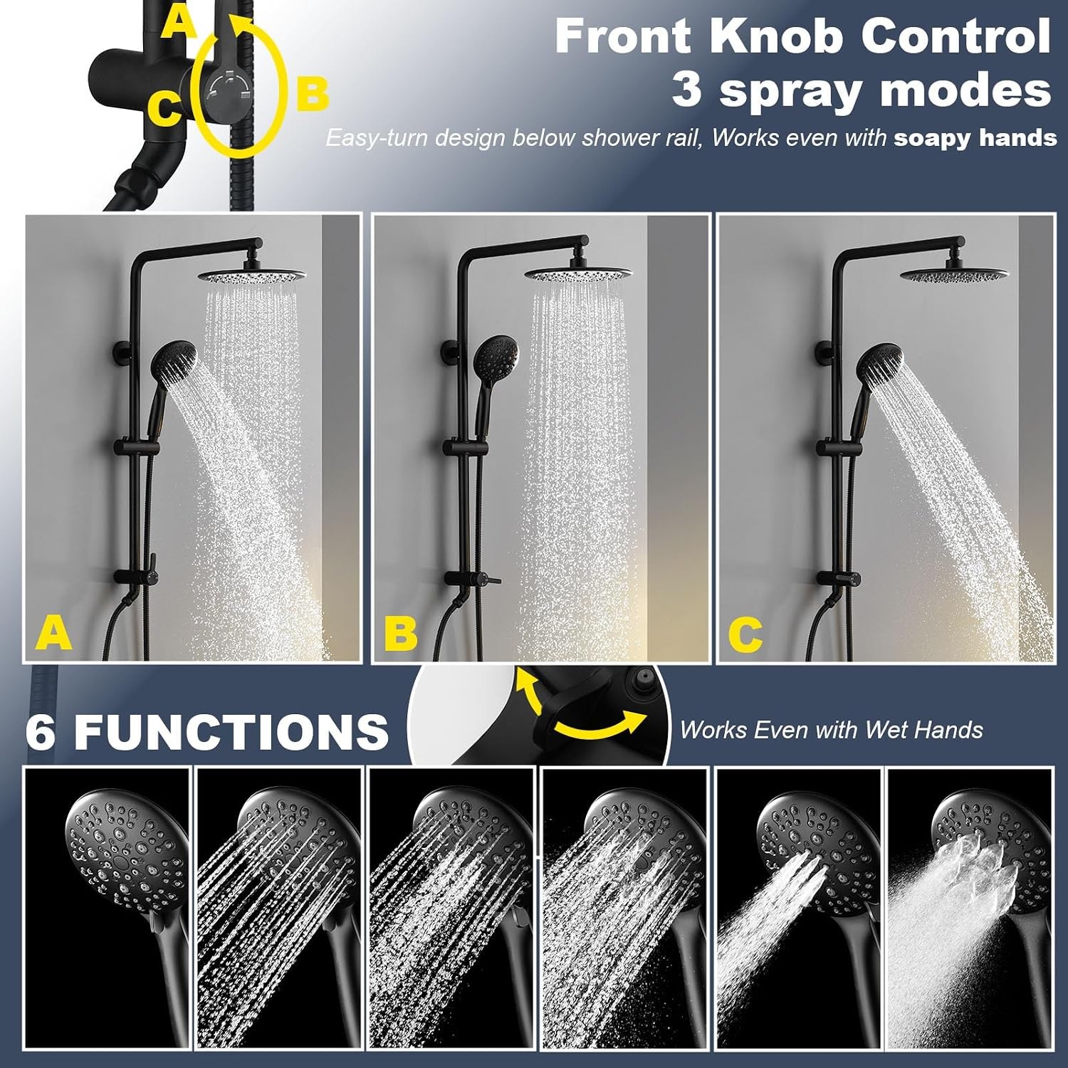 5-Function Retrofit Shower System Matte Black 9 Inch Rain Shower Head with