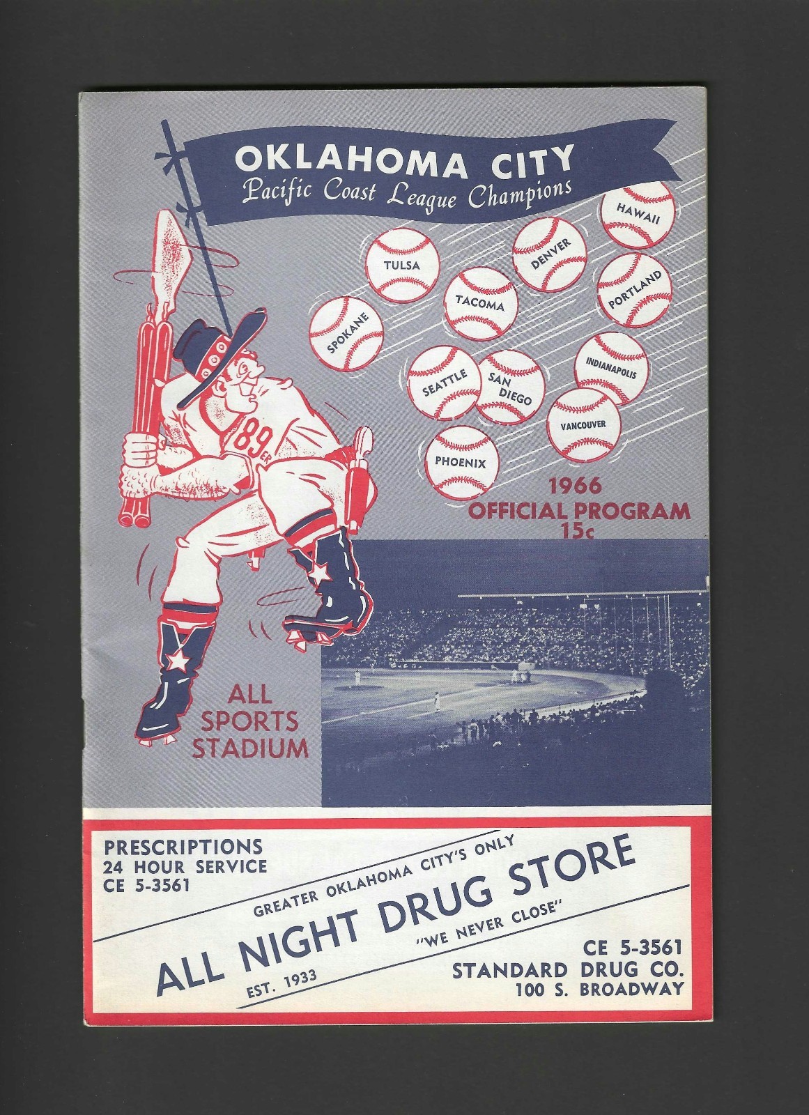 1966 Oklahoma City 89ers Pacific Coast League Baseball Scorecard/Program