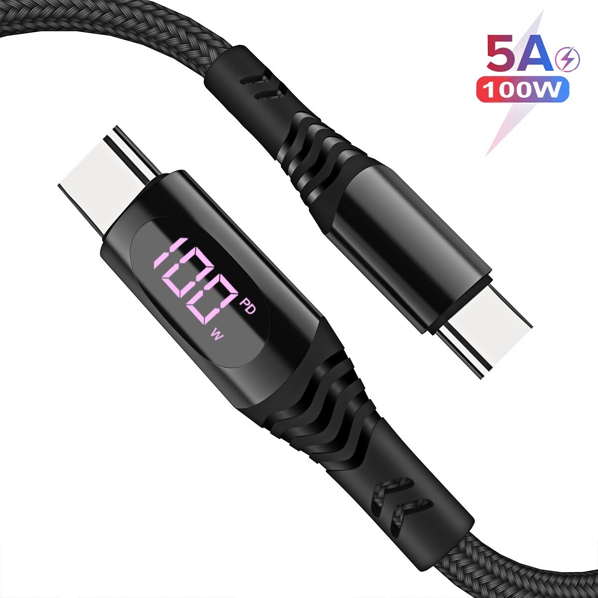 PD 100W 5A USB C to USB C Cable Fast Charging Cord LED Display Type-C Charger