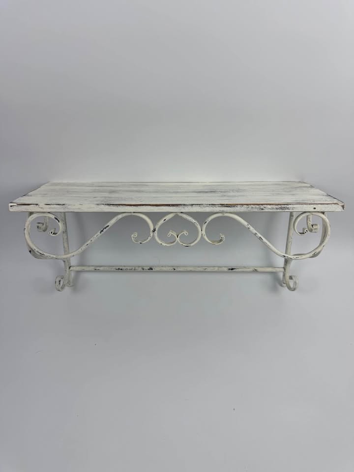 Distressed White Wood & Metal Wall Shelf With Scrollwork Decor