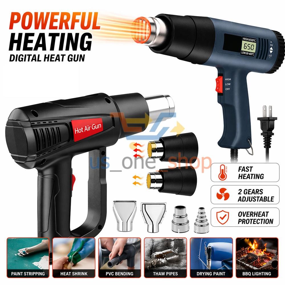 2500W Heat Gun Hot Air Gun Adjustable Temperature LCD Display Nozzles Power Tool