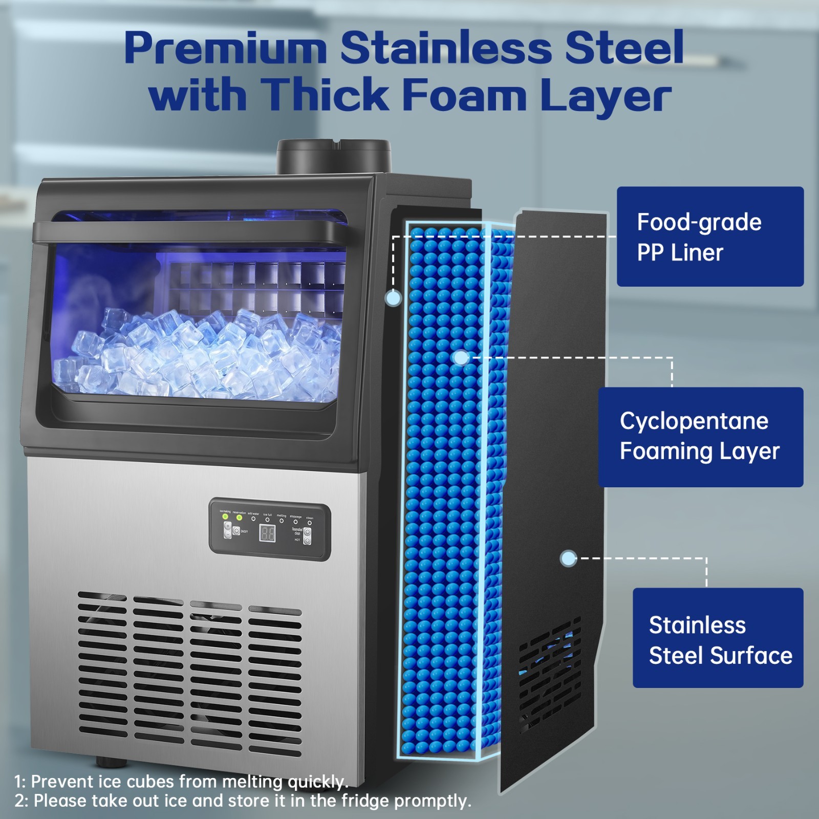Commercial Ice Machine 90lbs Daliy18lbs Storage Stainless Steel Control Panel