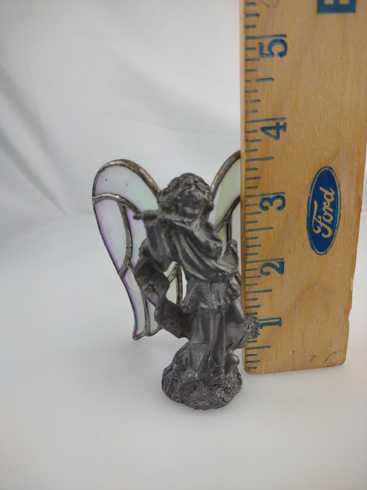 Standing Angel with Ribbon Hand Cast metal Sculpture with stain glass wings