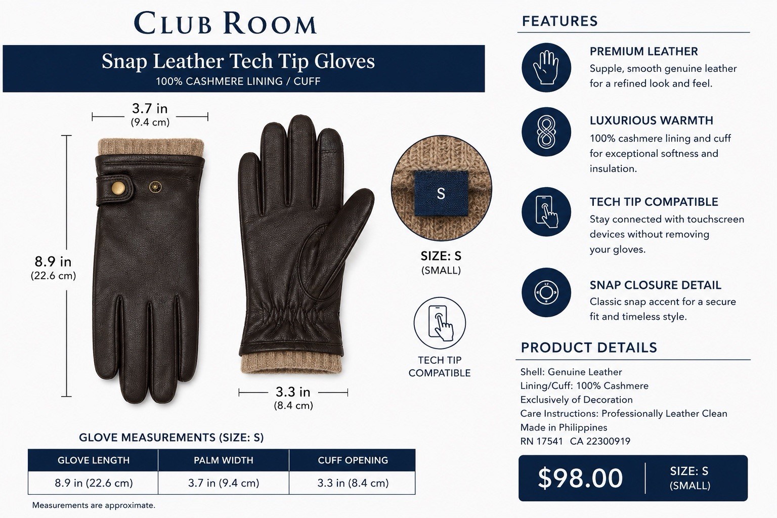 Club Room Men’s Brown Leather Tech Tip Cashmere Lined Gloves Size S NWT