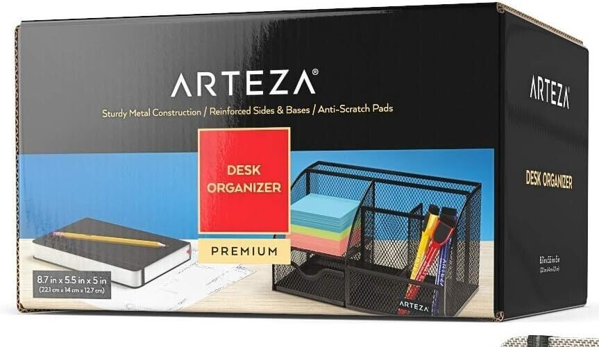 Arteza Mesh Metal Office Desk Organizer - 6 Compartment With Drawer