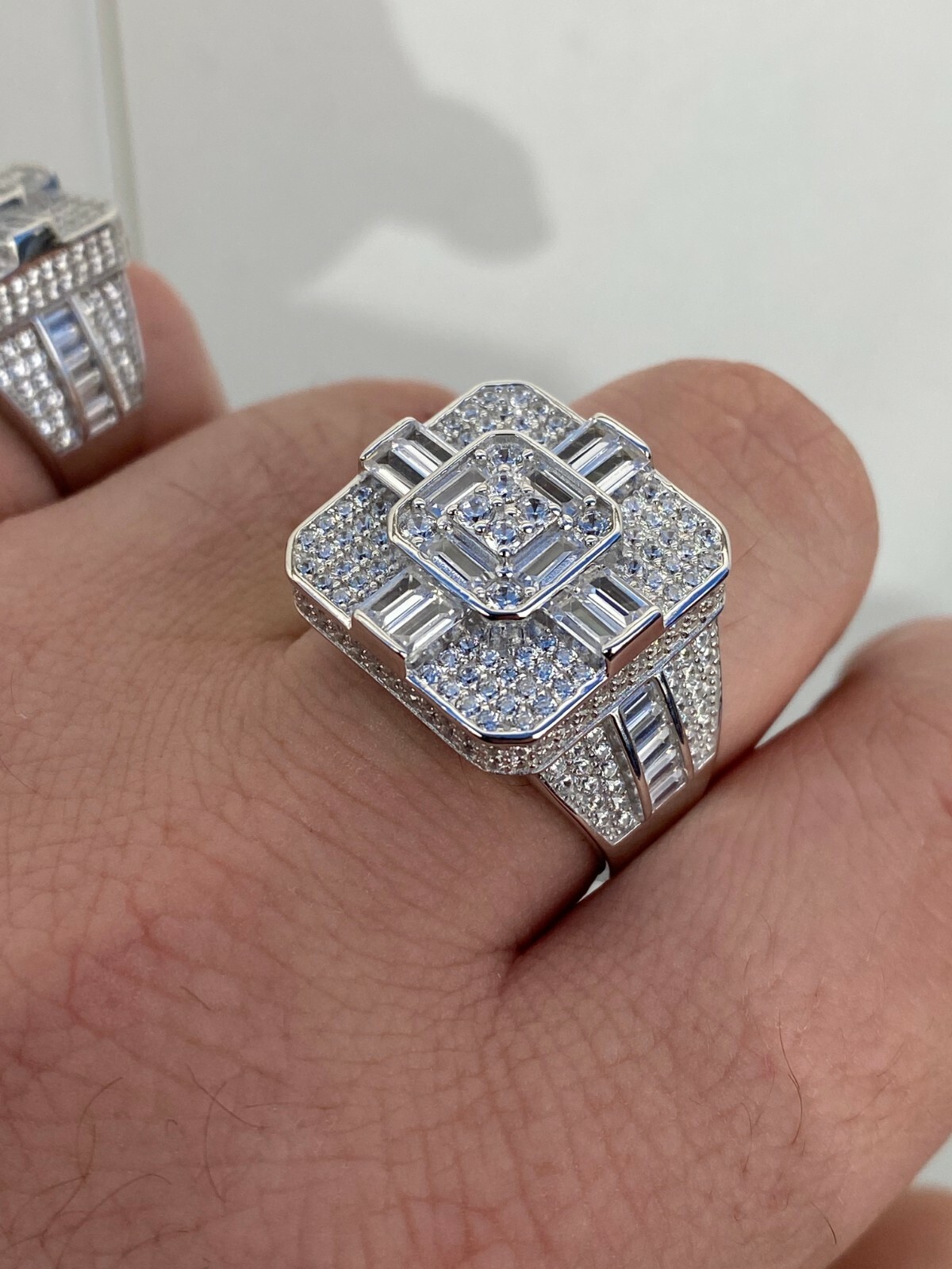 Large Real Solid 925 Sterling Silver Men's Baguette CZ Cross Ring Hip Hop Square