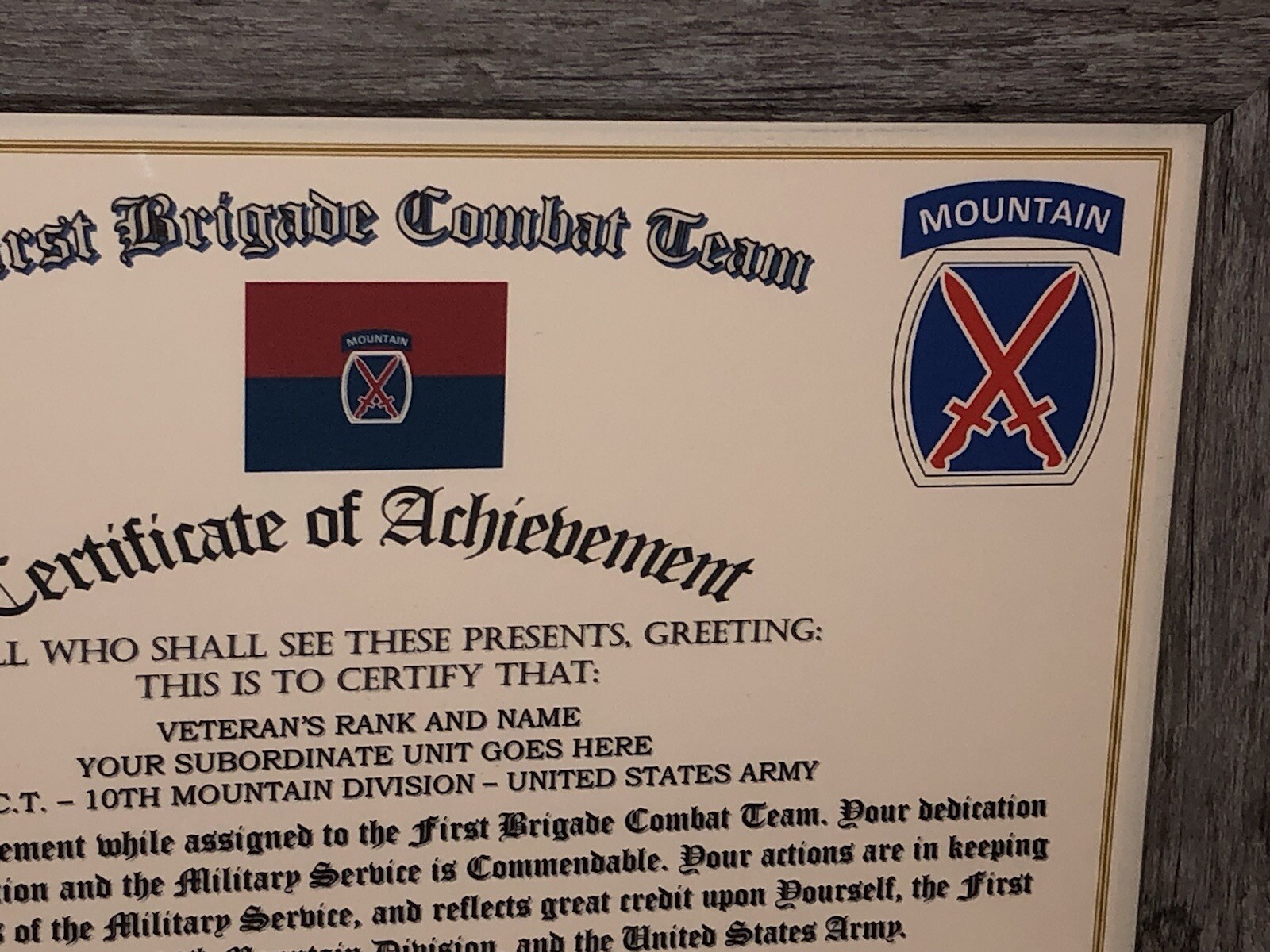 1ST B.C.T. / 10TH MOUNTAIN DIVISION - COA / (COMMEMORATIVE CERTIFICATE)