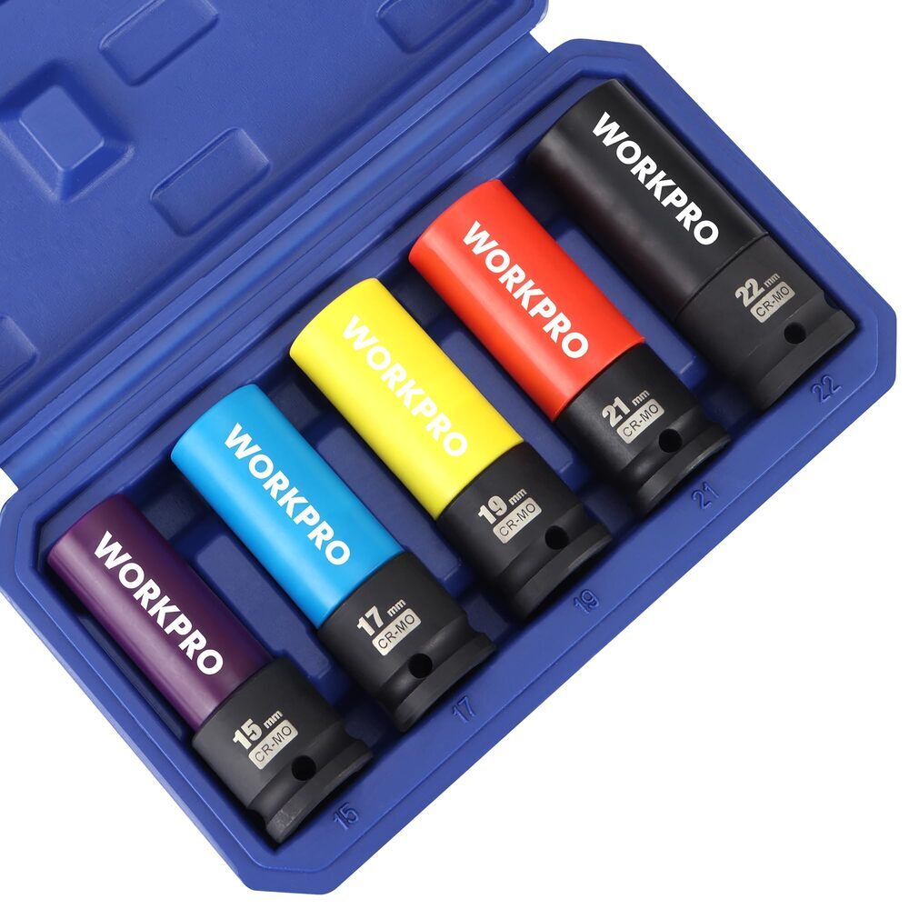 WORKPRO 5PCS 1/2" Dr Impact Lug Nut Socket Set 15 17 19 21 22mm Thin Wall Socket